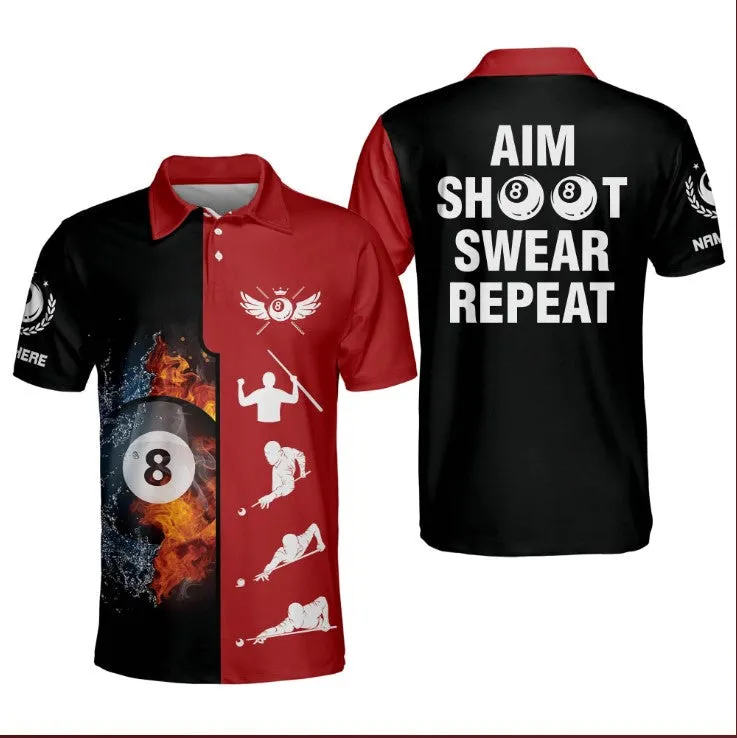 Aim Shoot Swear Repeat Billiard Polo Shirts for Men, Custom name ball shirt, Billiard 3D Apparel