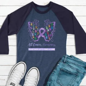 All Cancer Awareness Filigree Butterfly 3/4 Sleeve Raglan Shirt - Several Colors Available