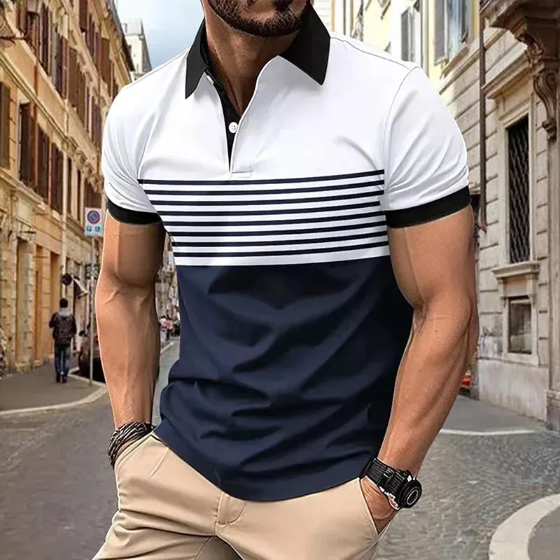 Breathable Stripe Print Sleeve Lapel Short Sleeve T-shirt, Men's Casual Retro Style Button Up Shirt For Summer