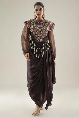 Brown Embroidered Satin Silk Draped Dress