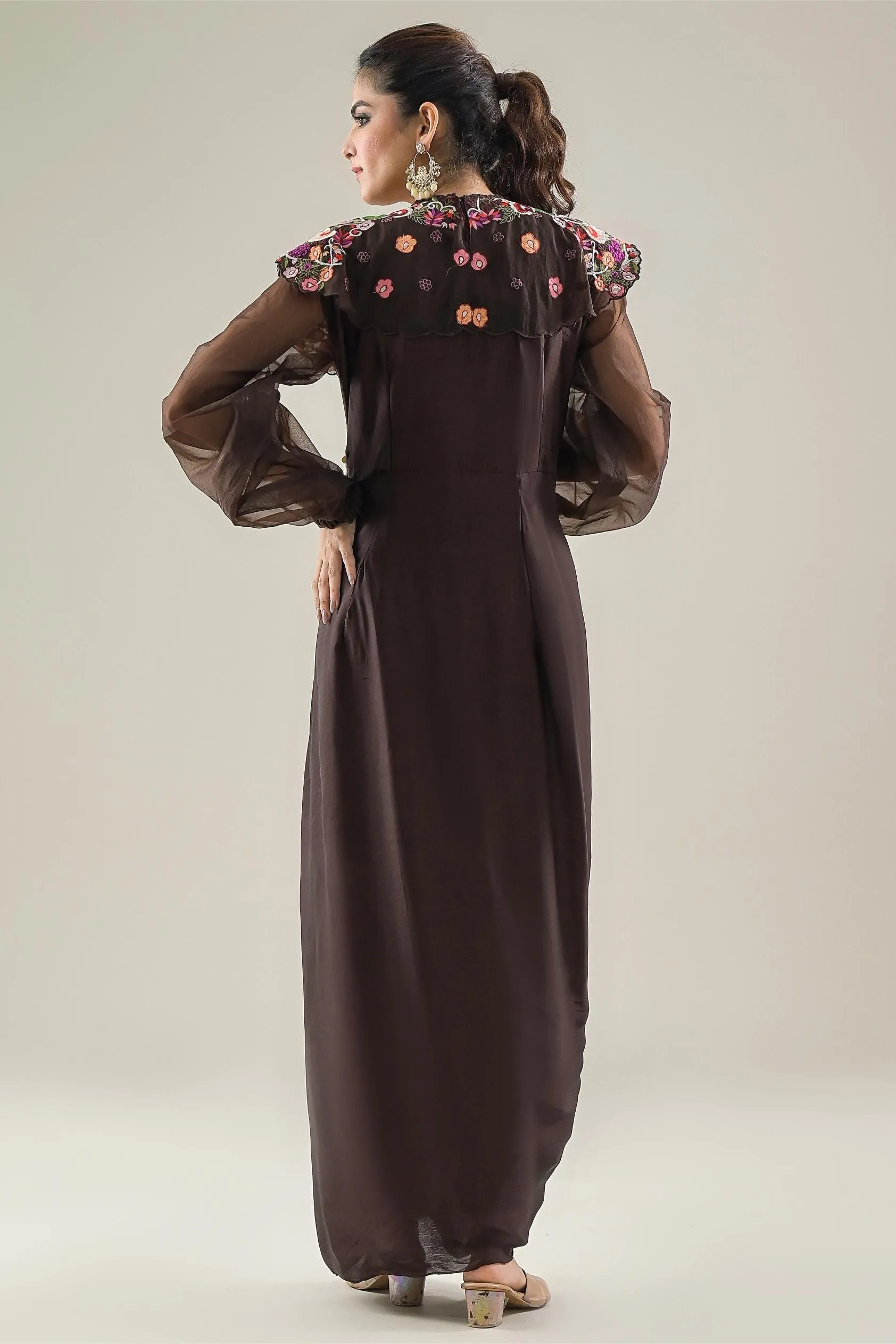 Brown Embroidered Satin Silk Draped Dress