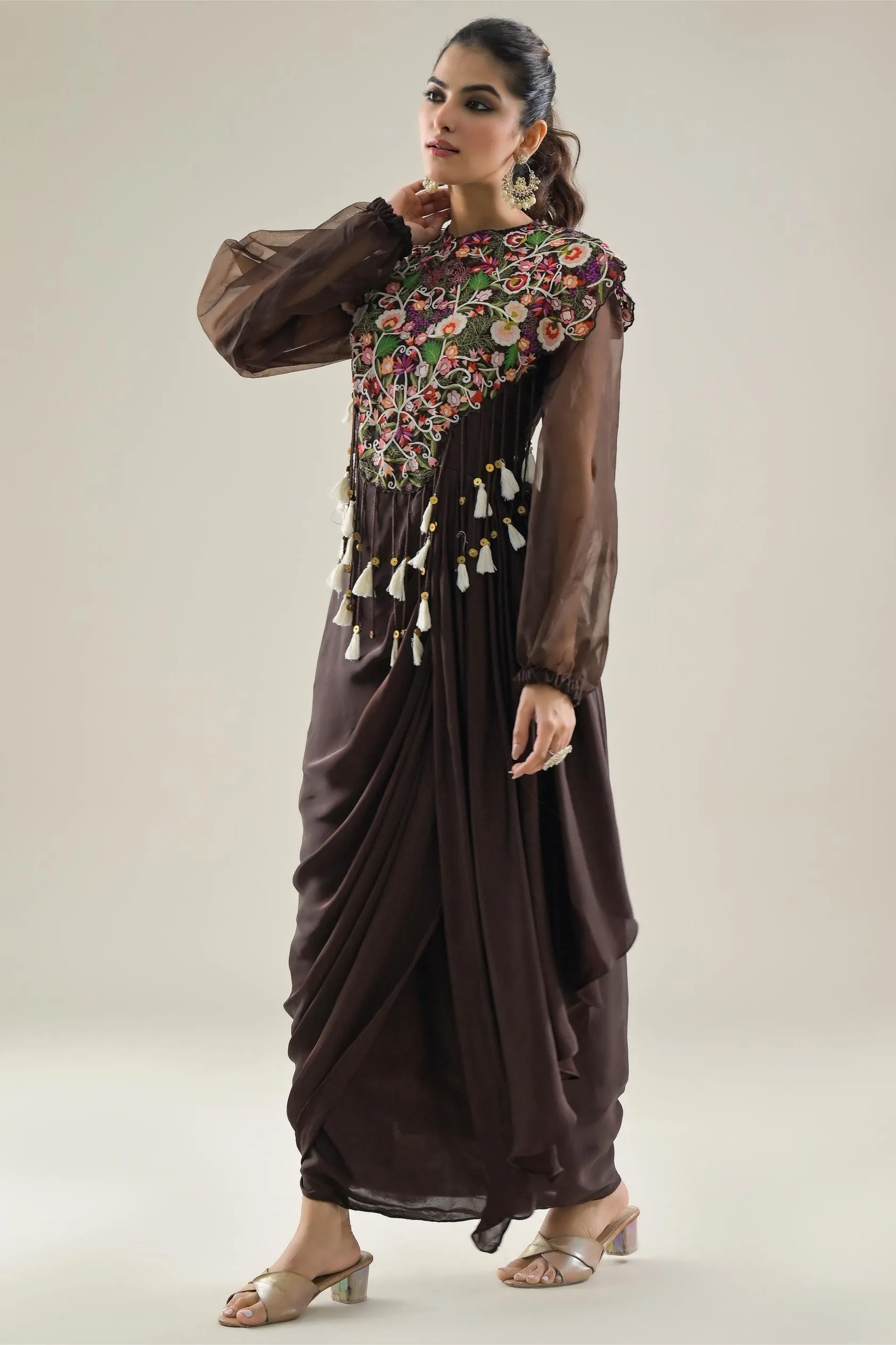 Brown Embroidered Satin Silk Draped Dress