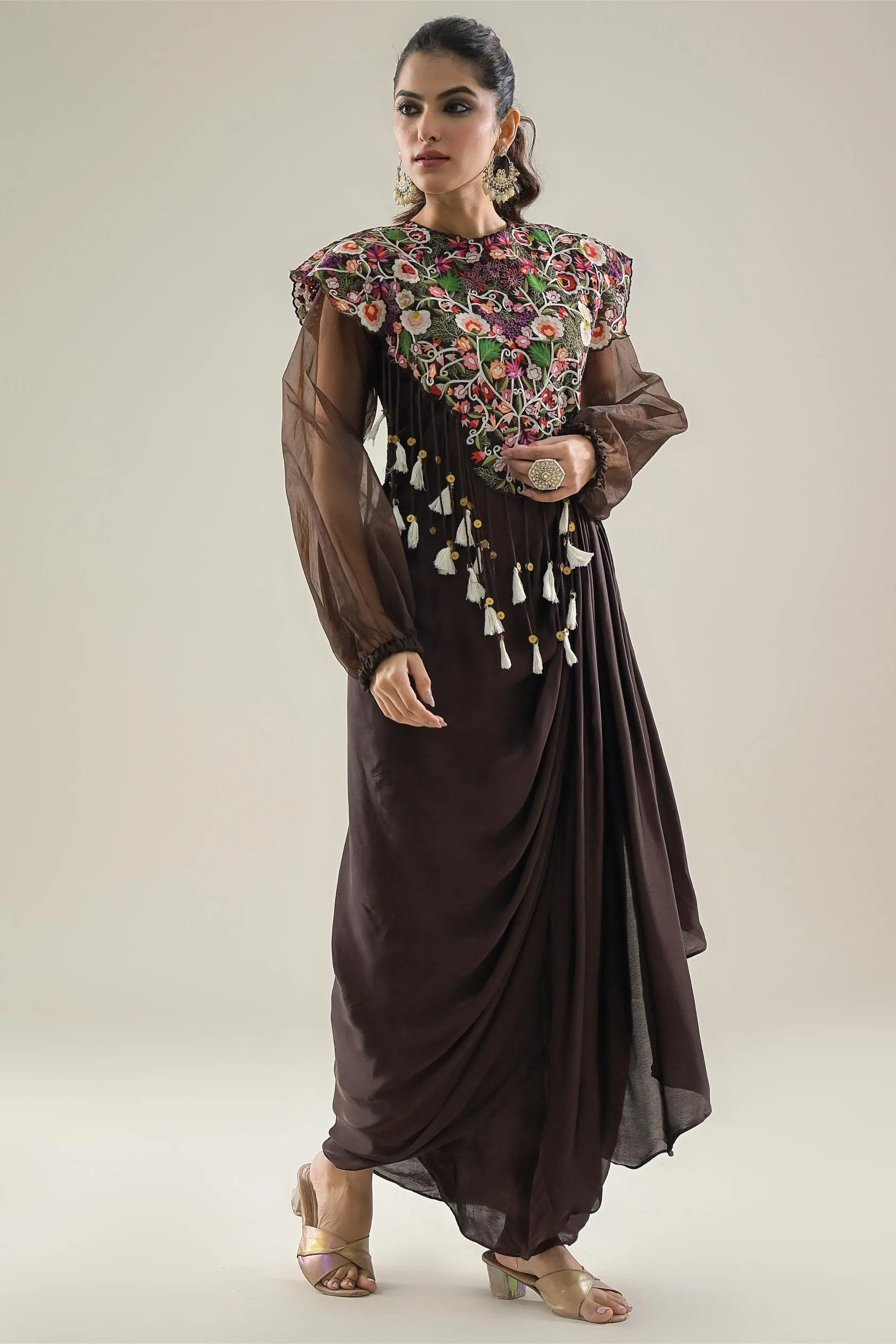 Brown Embroidered Satin Silk Draped Dress