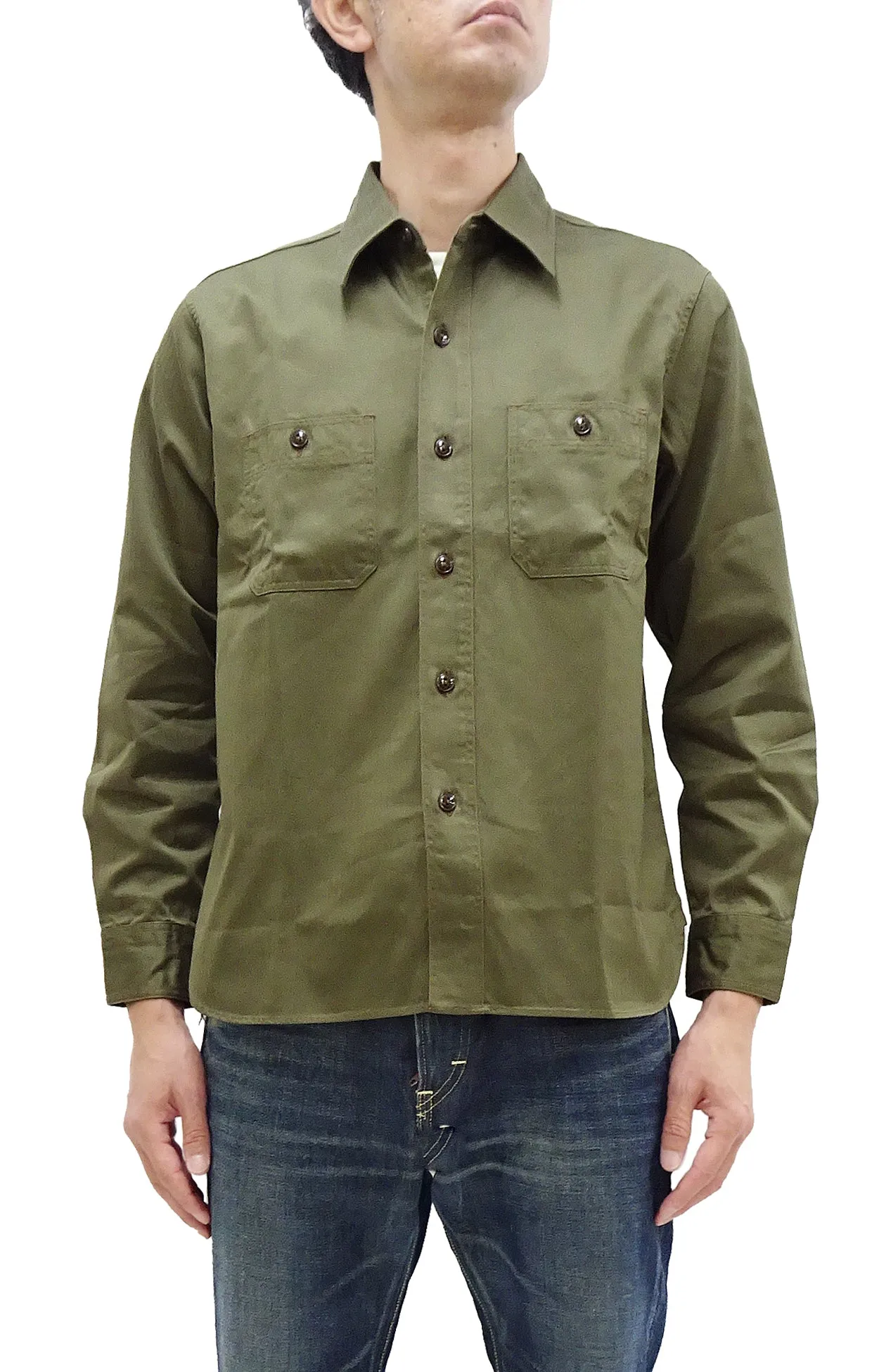 Buzz Rickson Herringbone Shirt Men's Casual Long Sleeve Plain HBT Button Up Work Shirt BR29390 149 Olive