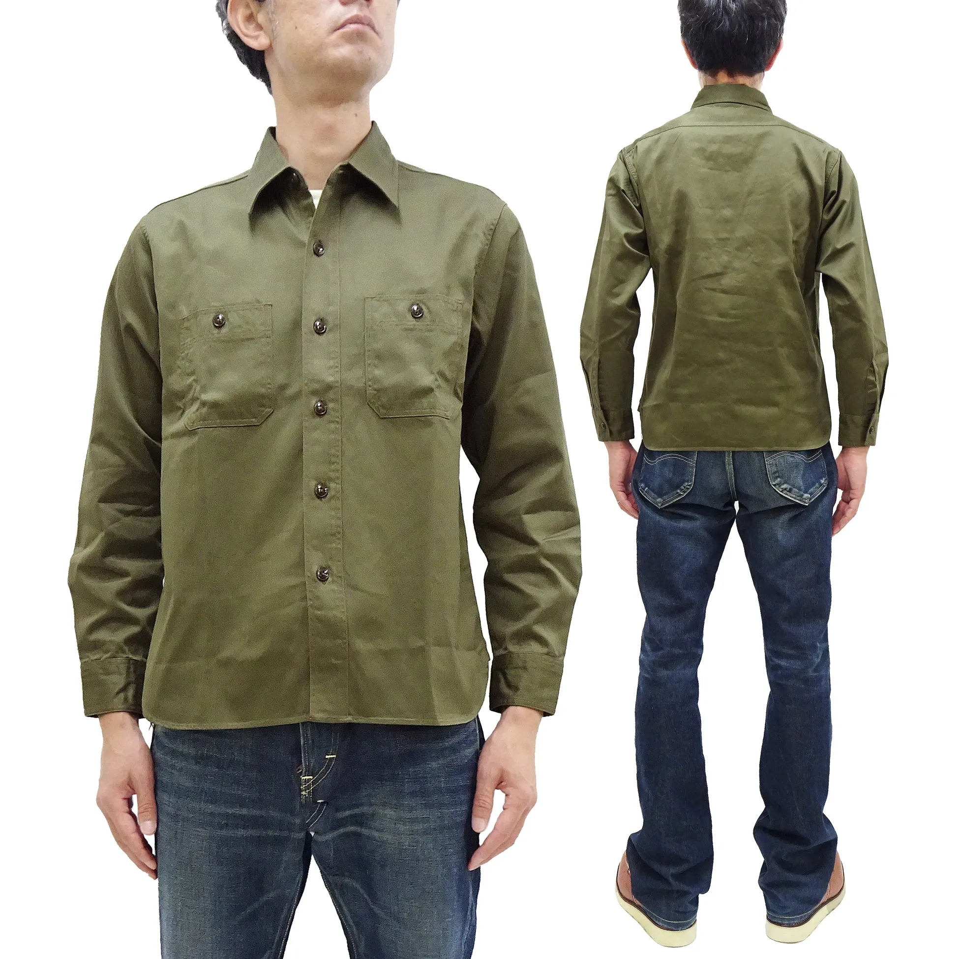 Buzz Rickson Herringbone Shirt Men's Casual Long Sleeve Plain HBT Button Up Work Shirt BR29390 149 Olive