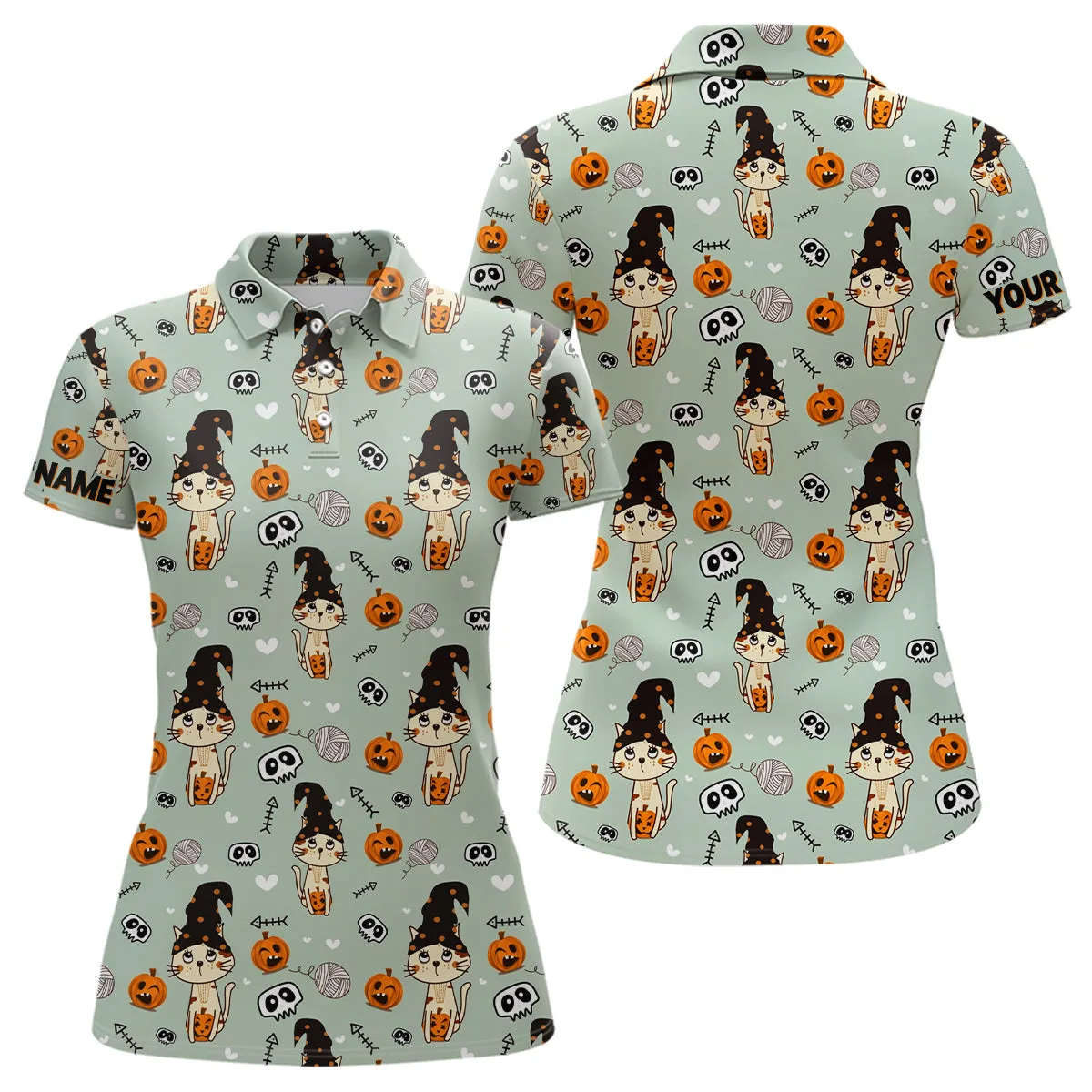 Cat Seamless Halloween Pattern Green Golf Polo Shirts Cute Halloween Golf Gifts For Women