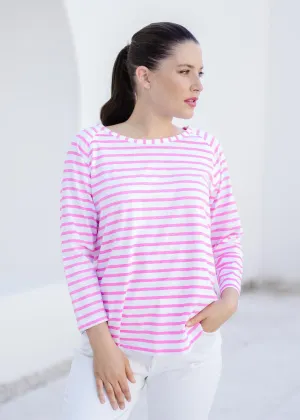 Cotton Raglan Sleeve Stripe Tee White/Bright Pink