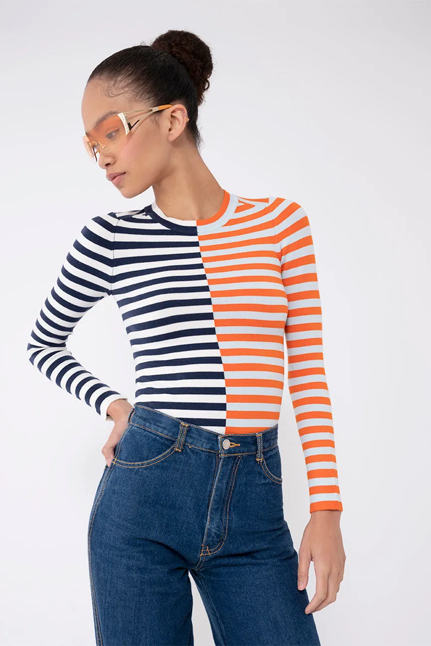 Duo Striped Gloss Long Sleeve Crew Neck