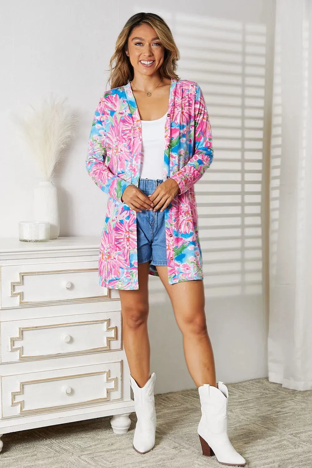 Floral Open Front Long Sleeve Cardigan