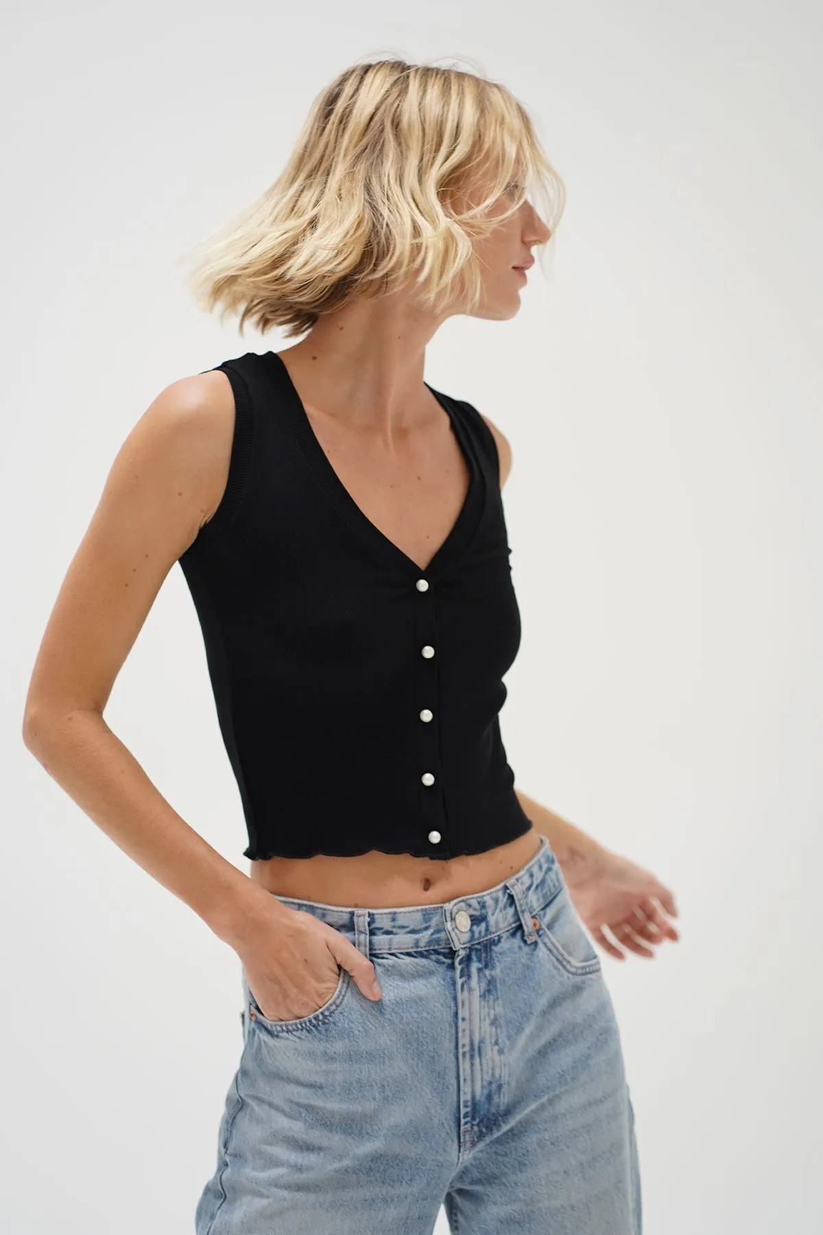 Helena Button Up Ribbed Tank - Black