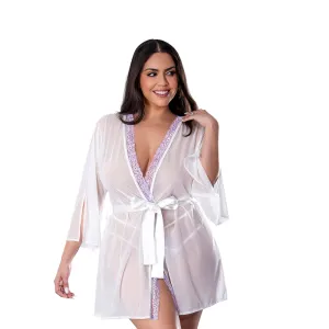 Magic Silk Sheer Passion Flutter Sleeve Robe White/Lavender Queen Size