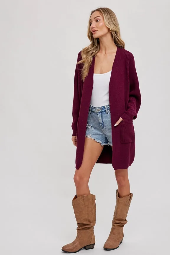 Open Front Batwing Sleeve Cardigan Plum