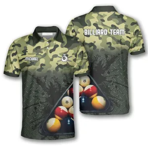 Personalized Green Camo Custom Billiard Shirts for Men, Billiard Polo Shirt, Gift for Team Billiard