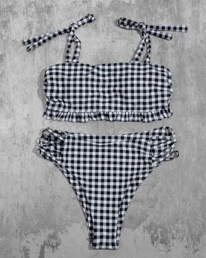 Plaid Strappy Cropped Tanks With High Waist Panties Bikini Sets