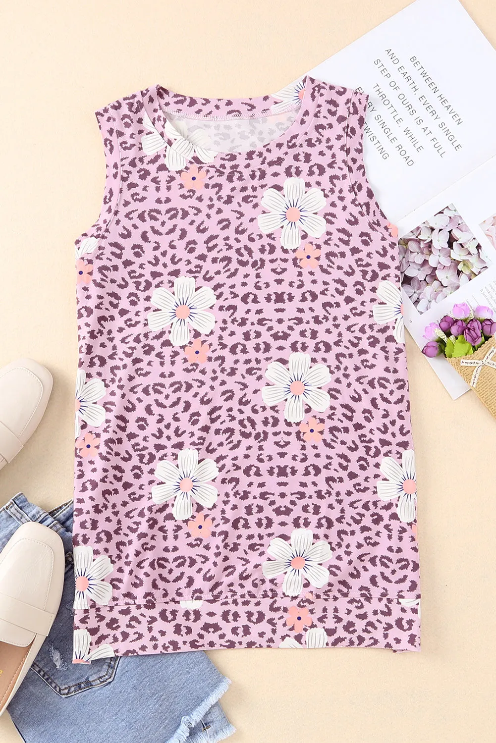 Printed Side Slit Round Neck Tank