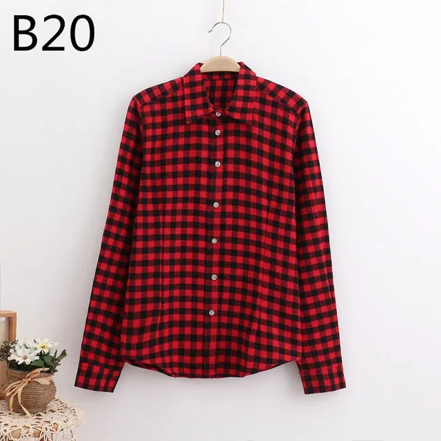 S-5XL Large Size Spring Autumn Blouse Casual Big Size Shirt Cotton Top Lapel Plaid Shirt Outwear Plus Size Women Clothing Blusas