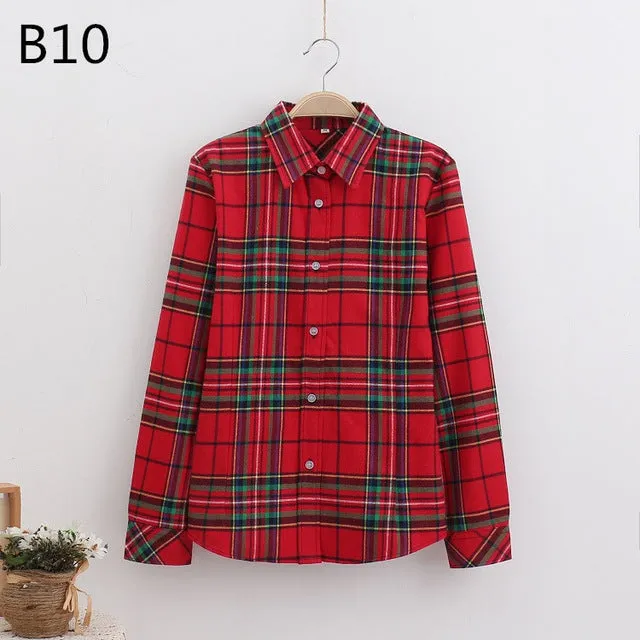 S-5XL Large Size Spring Autumn Blouse Casual Big Size Shirt Cotton Top Lapel Plaid Shirt Outwear Plus Size Women Clothing Blusas