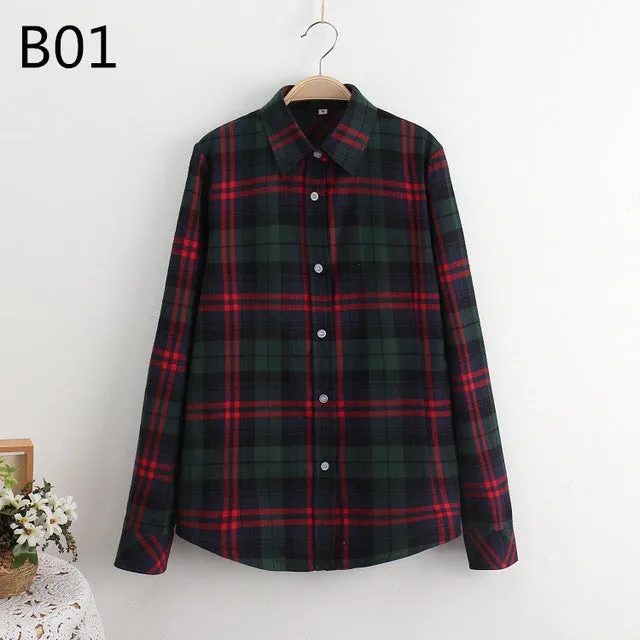 S-5XL Large Size Spring Autumn Blouse Casual Big Size Shirt Cotton Top Lapel Plaid Shirt Outwear Plus Size Women Clothing Blusas