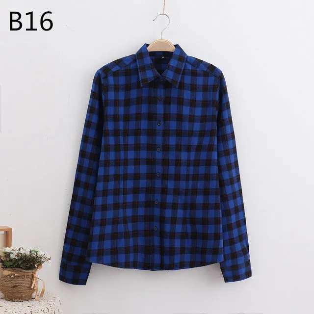 S-5XL Large Size Spring Autumn Blouse Casual Big Size Shirt Cotton Top Lapel Plaid Shirt Outwear Plus Size Women Clothing Blusas