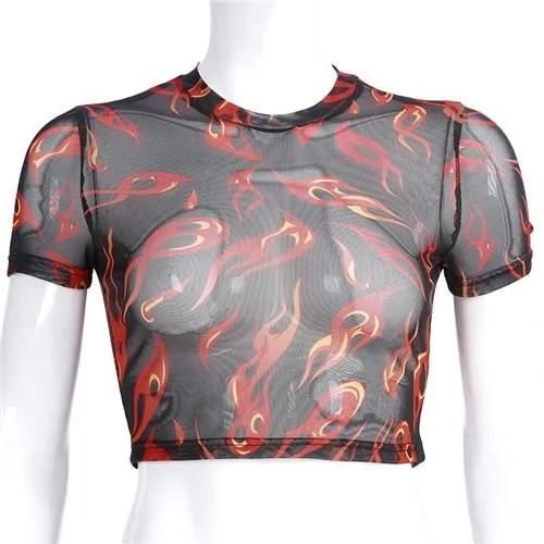 Sexy Rave Mesh Transparent Summer Top Flaming Fire Print Cute Short Sleeve Crewneck Tees